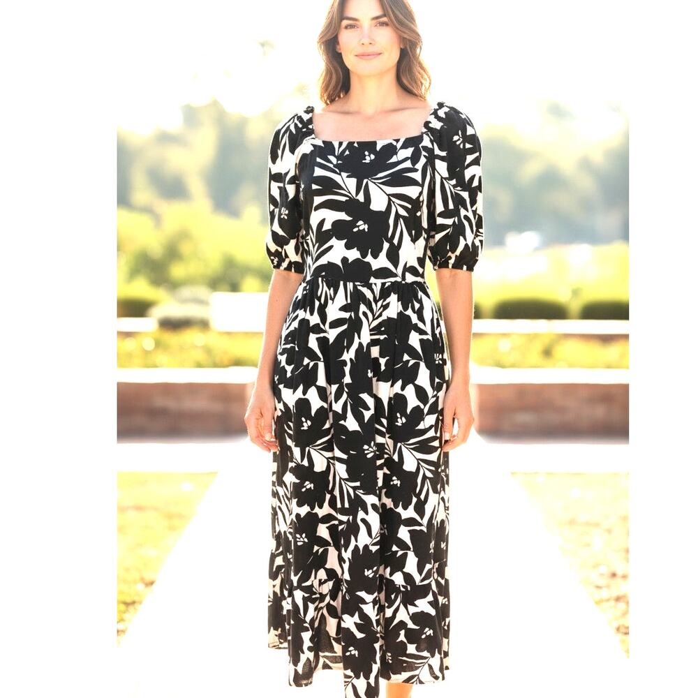 WHO WHAT WEAR LINEN BLEND Black/white floral open back boho midi DRESS XL